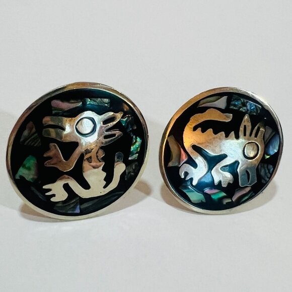 Vtg Large Alpaca Abalone Aztec Cufflinks Traditional Lizard Unique Mexico Jewelr - Picture 2 of 7
